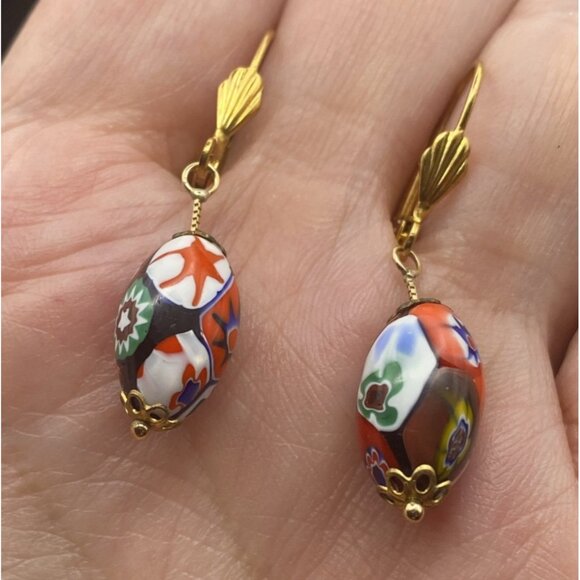Unbranded Jewelry - Vintage Millefiori Oval Bead Earrings Leverback Yellow Gold Plated Caps 1-5/8"